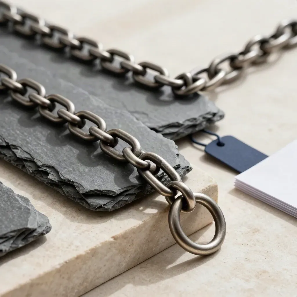Macro slate blocks and dark ring chain on brushed stone, lit by raking light.