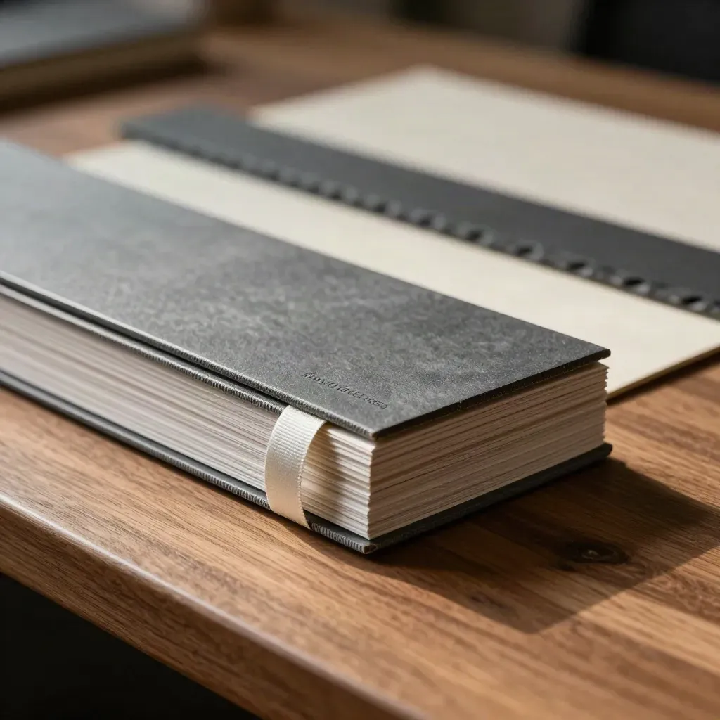 Graphite-bound guide slab flexing open on a walnut workbench with soft tabs and ribbon edge