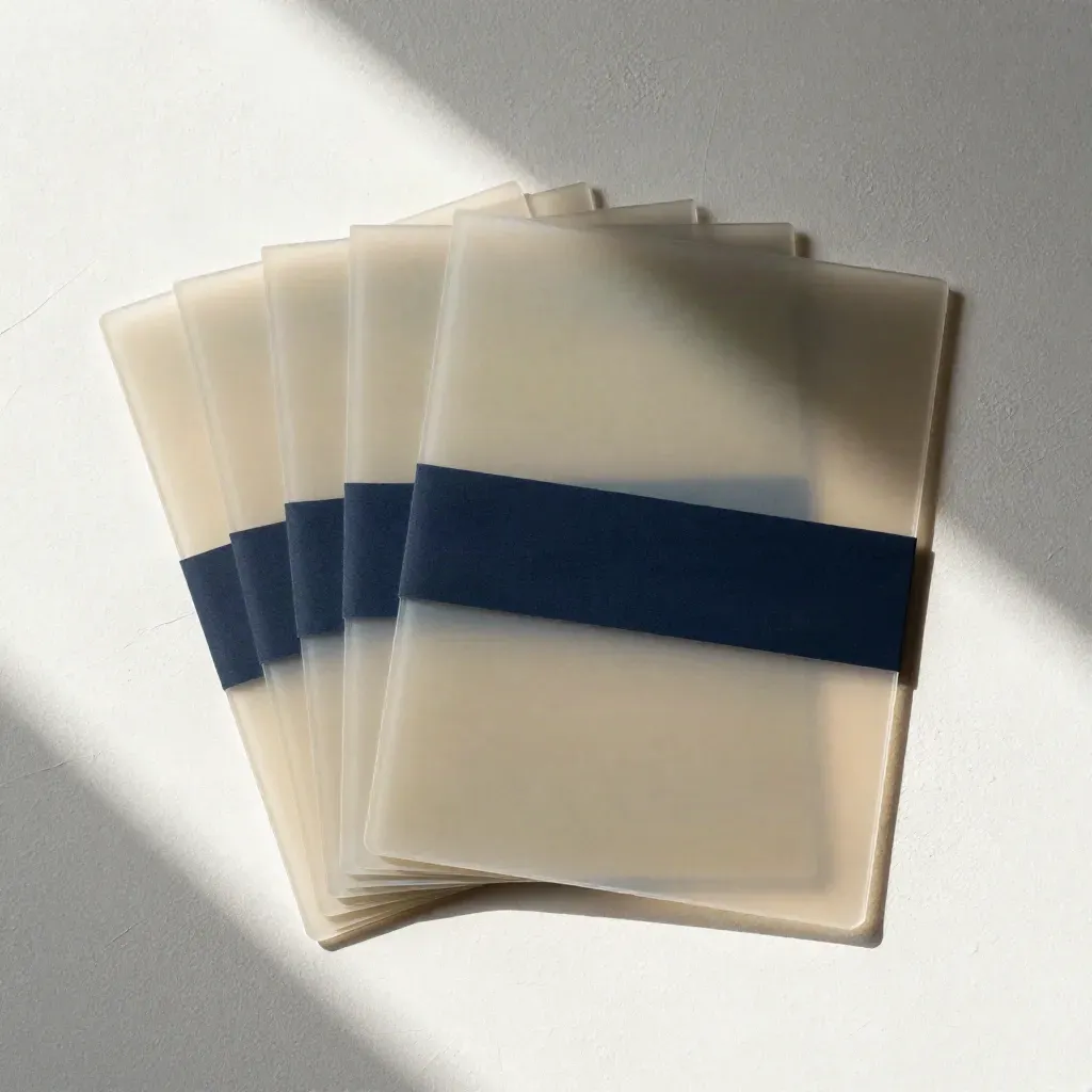 Top-down flatlay of translucent drafting cards, a sealed strip, and a muted band on chalky plaster.