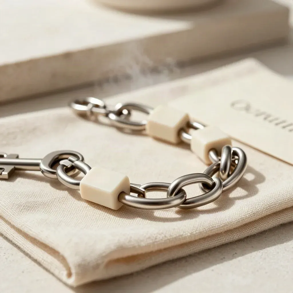 Macro of linked metal loops and matte blocks beside folded linen on a cream stone shelf.