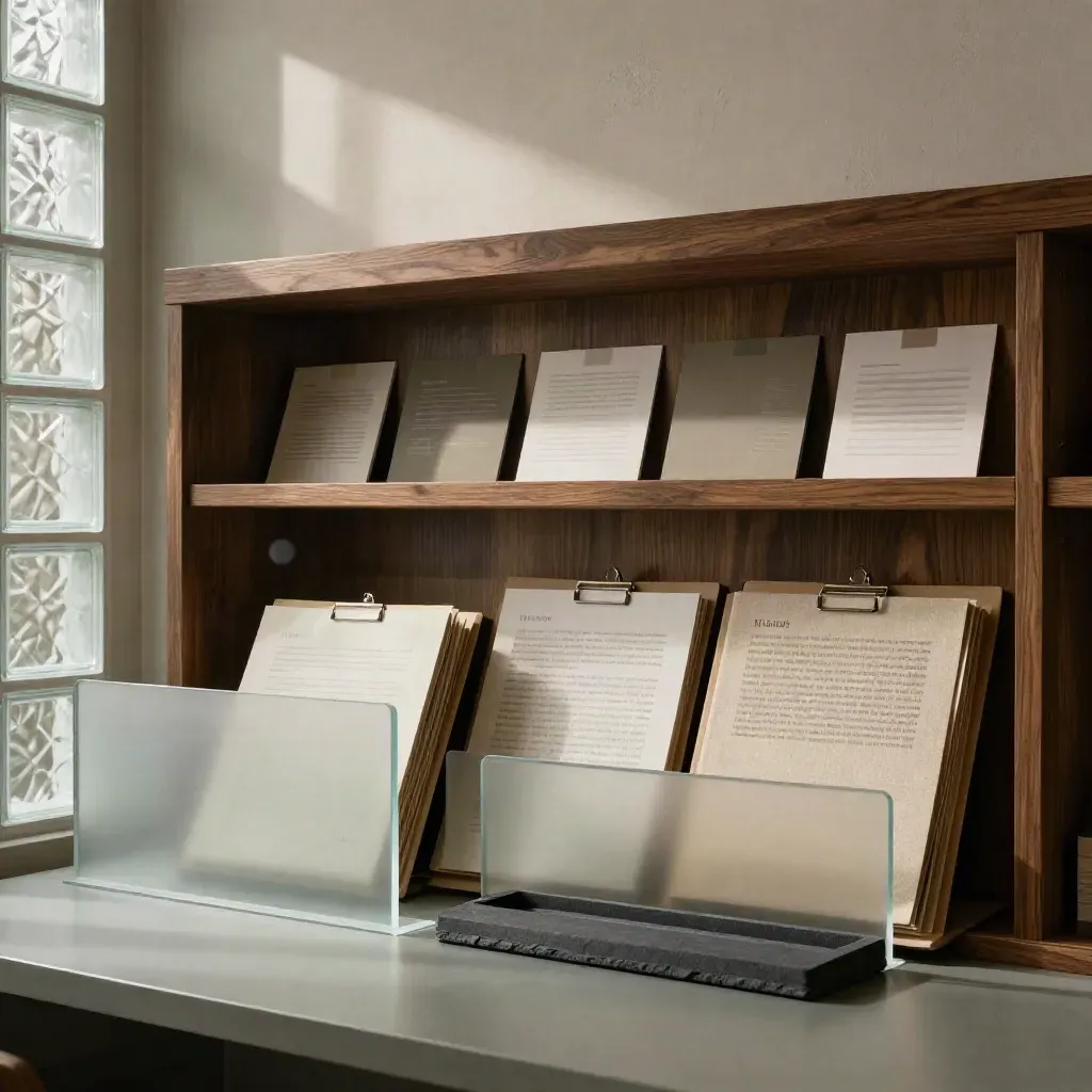 Warm editorial interior with oak shelf, frosted glass blocks and review boards in soft daylight