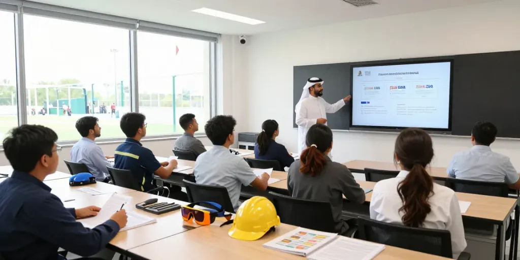 Engaged students at a Training Institute in Saudi Arabia learning health and safety practices.